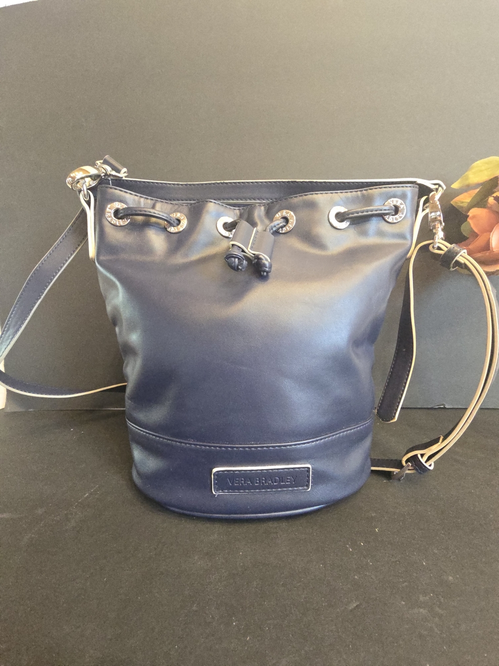 Vera Bradley Navy Drawstring Leather Crossbody Bucket Bag